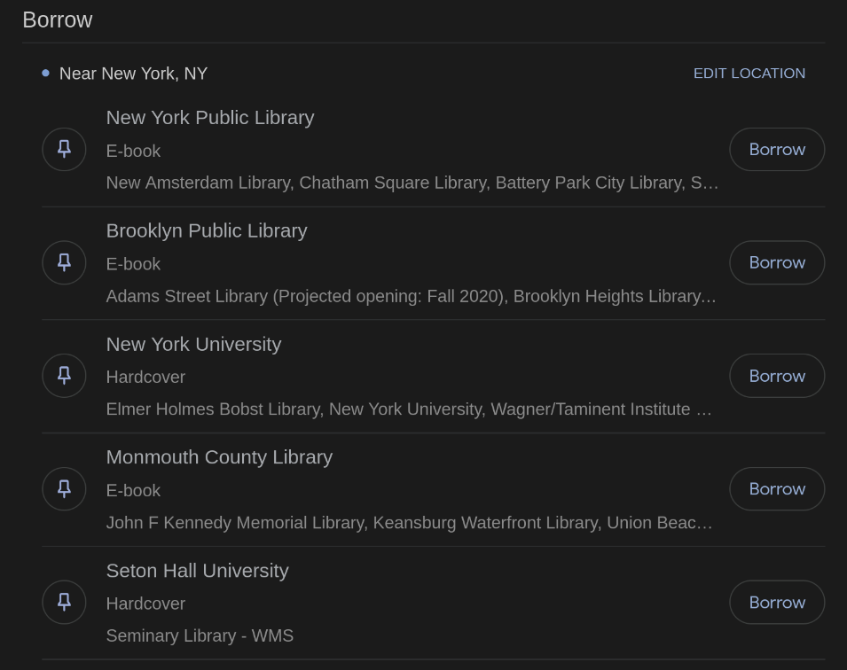 a google search result showing a list of libraries that have The Woks of Life in stock in New York City; the majority show only e-books available.