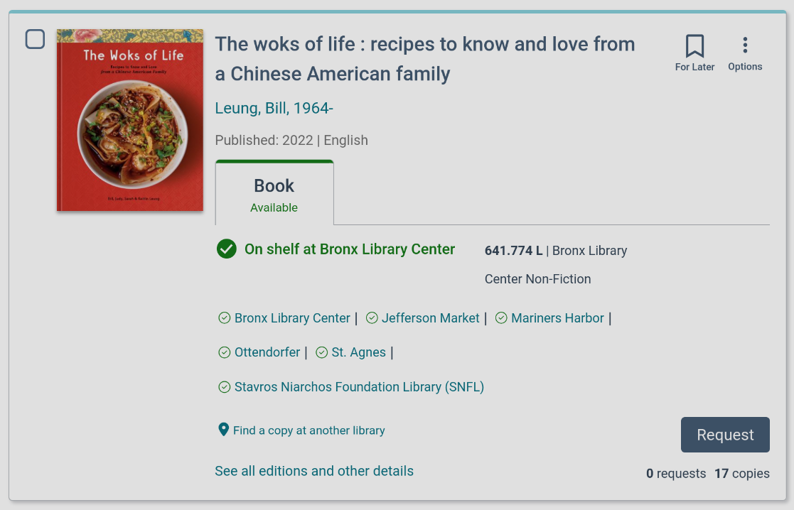 the new york public library's page for The Woks of Life, showing eight available copies in hardcover